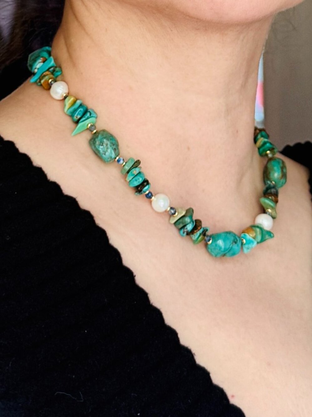 Handmade natural turquoise + pearl necklace